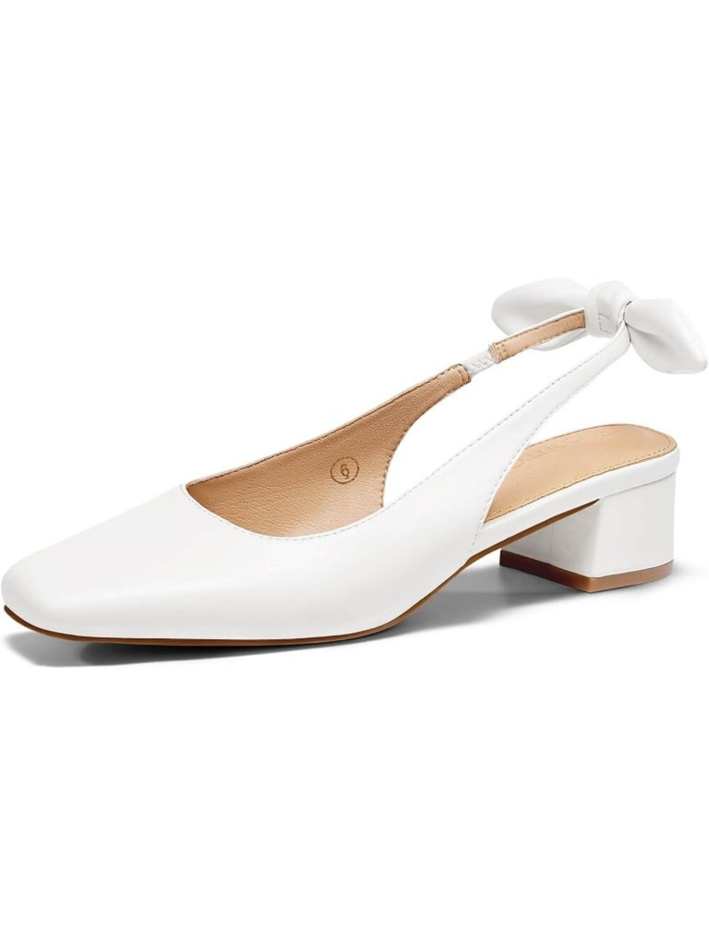 Women's White Faux Leather Chunky Low Heels Bow Slingback Closed Square Toe Pump